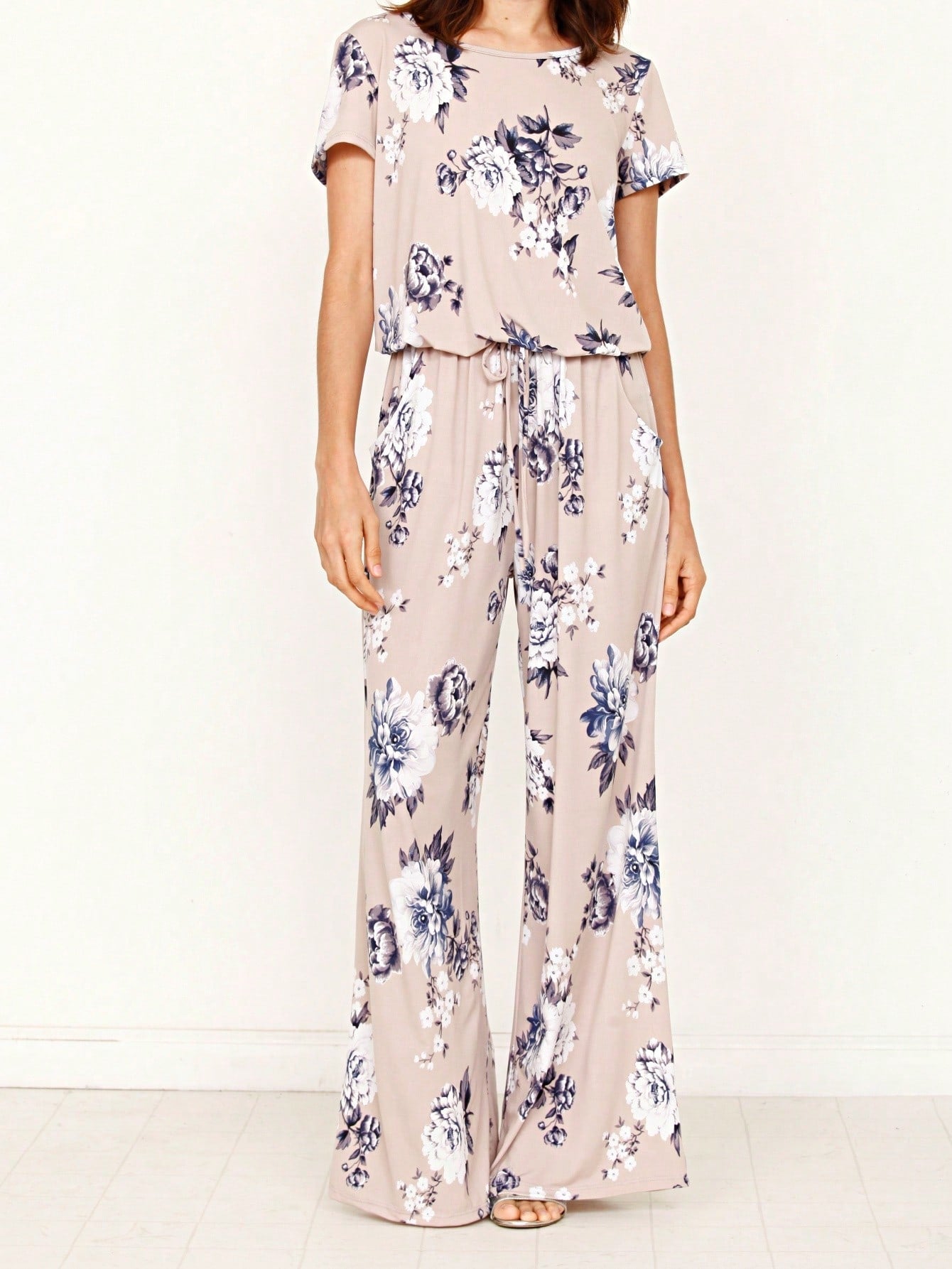 Boho Casual Beige Blue Floral Leaf Tank Cami One Shoulder Ruffle Wide Leg Jumpsuit Small To 3 XL PLUS