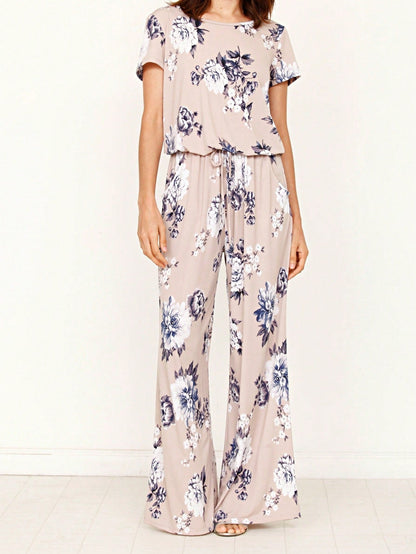 Boho Casual Beige Blue Floral Leaf Tank Cami One Shoulder Ruffle Wide Leg Jumpsuit Small To 3 XL PLUS