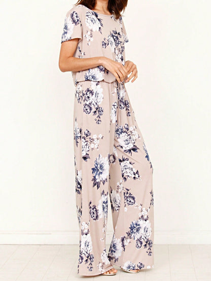 Boho Casual Beige Blue Floral Leaf Tank Cami One Shoulder Ruffle Wide Leg Jumpsuit Small To 3 XL PLUS