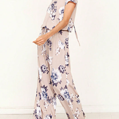 Boho Casual Beige Blue Floral Leaf Tank Cami One Shoulder Ruffle Wide Leg Jumpsuit Small To 3 XL PLUS