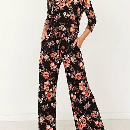 Boho Casual Beige Blue Floral Leaf Tank Cami One Shoulder Ruffle Wide Leg Jumpsuit Small To 3 XL PLUS