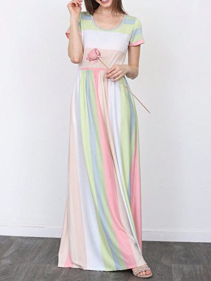 Boho Retro Polka Dot Rayon Mix Casual  Maxi Dress With Folded Cap Sleeve Side Pockets Versatile Summer Dress For Women