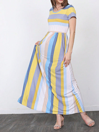 Boho Retro Polka Dot Rayon Mix Casual  Maxi Dress With Folded Cap Sleeve Side Pockets Versatile Summer Dress For Women