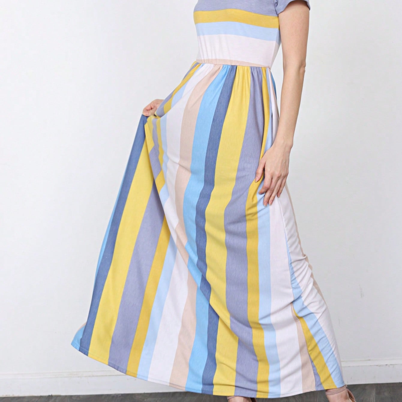 Boho Retro Polka Dot Rayon Mix Casual  Maxi Dress With Folded Cap Sleeve Side Pockets Versatile Summer Dress For Women