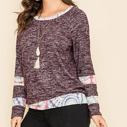 Boho Retro 90's Vintage  Preppy V Stitch  Stripe Knit Contrast Binding Brushed Soft Floral Raglan Sleeve Tunic Top Pullover Only