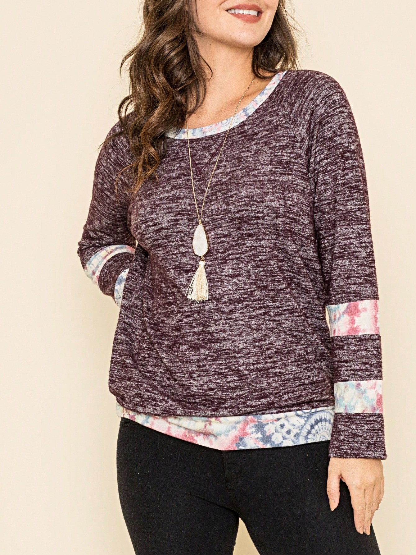 Boho Retro 90's Vintage  Preppy V Stitch  Stripe Knit Contrast Binding Brushed Soft Floral Raglan Sleeve Tunic Top Pullover Only
