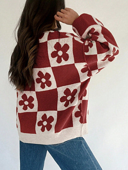 Boho Retro Vintage Viscose 60's  Drop Shoulder Button Henley Side  Sleeve Khaki Beige Checkered Cream Sweater Knit Top Pullover Red