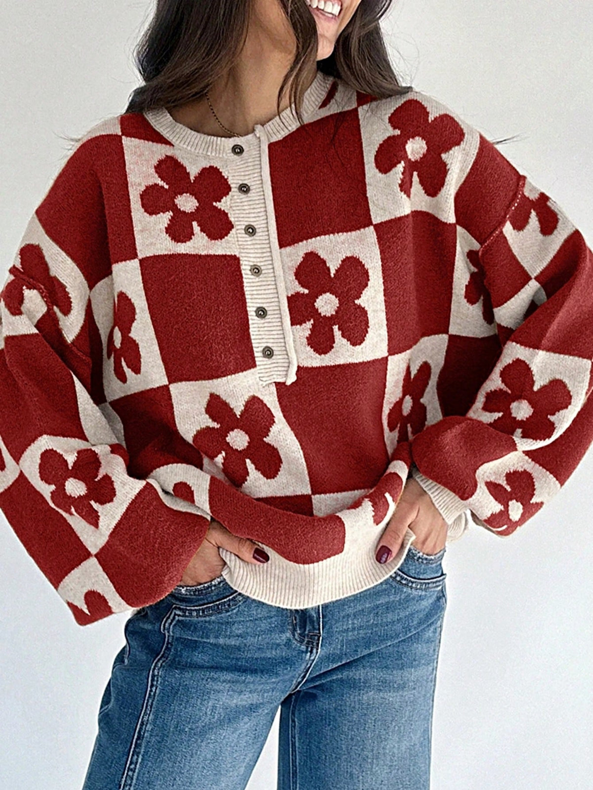 Boho Retro Vintage Viscose 60's  Drop Shoulder Button Henley Side  Sleeve Khaki Beige Checkered Cream Sweater Knit Top Pullover Red