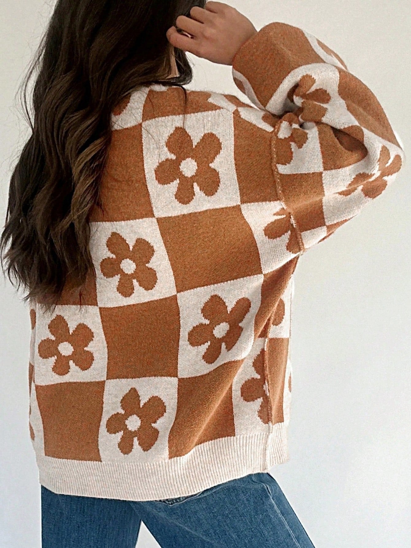 Boho Retro Vintage Viscose 60's  Drop Shoulder Button Henley Side  Sleeve Khaki Beige Checkered Cream Sweater Knit Top Pullover Red