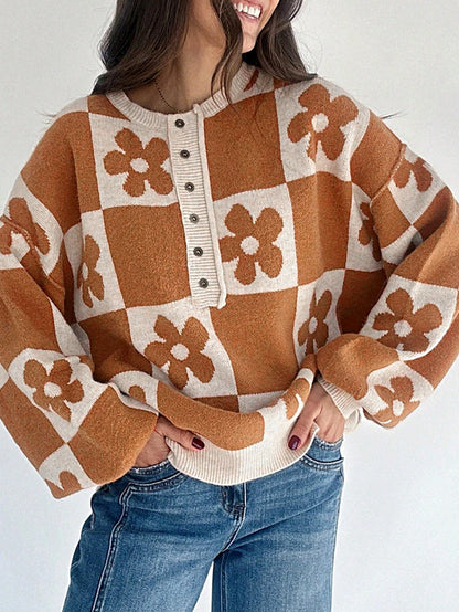 Boho Retro Vintage Viscose 60's  Drop Shoulder Button Henley Side  Sleeve Khaki Beige Checkered Cream Sweater Knit Top Pullover Red