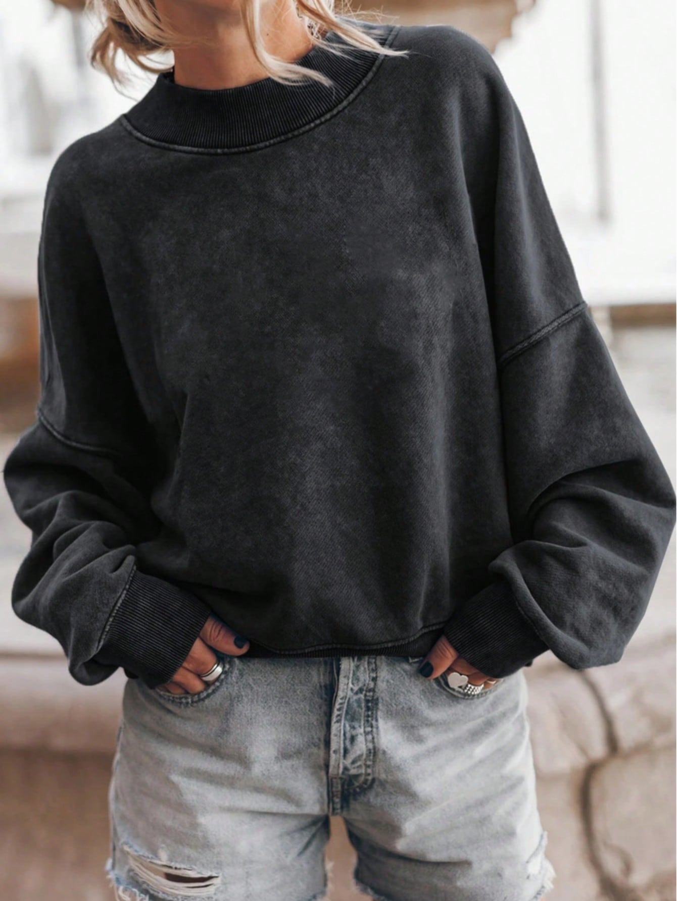 Boho Retro 60's Cotton Mix  Drop Shoulder Mineral Acid Washed Oversized Mock Neck Dolman T Shirt Top  Sweat Shirt