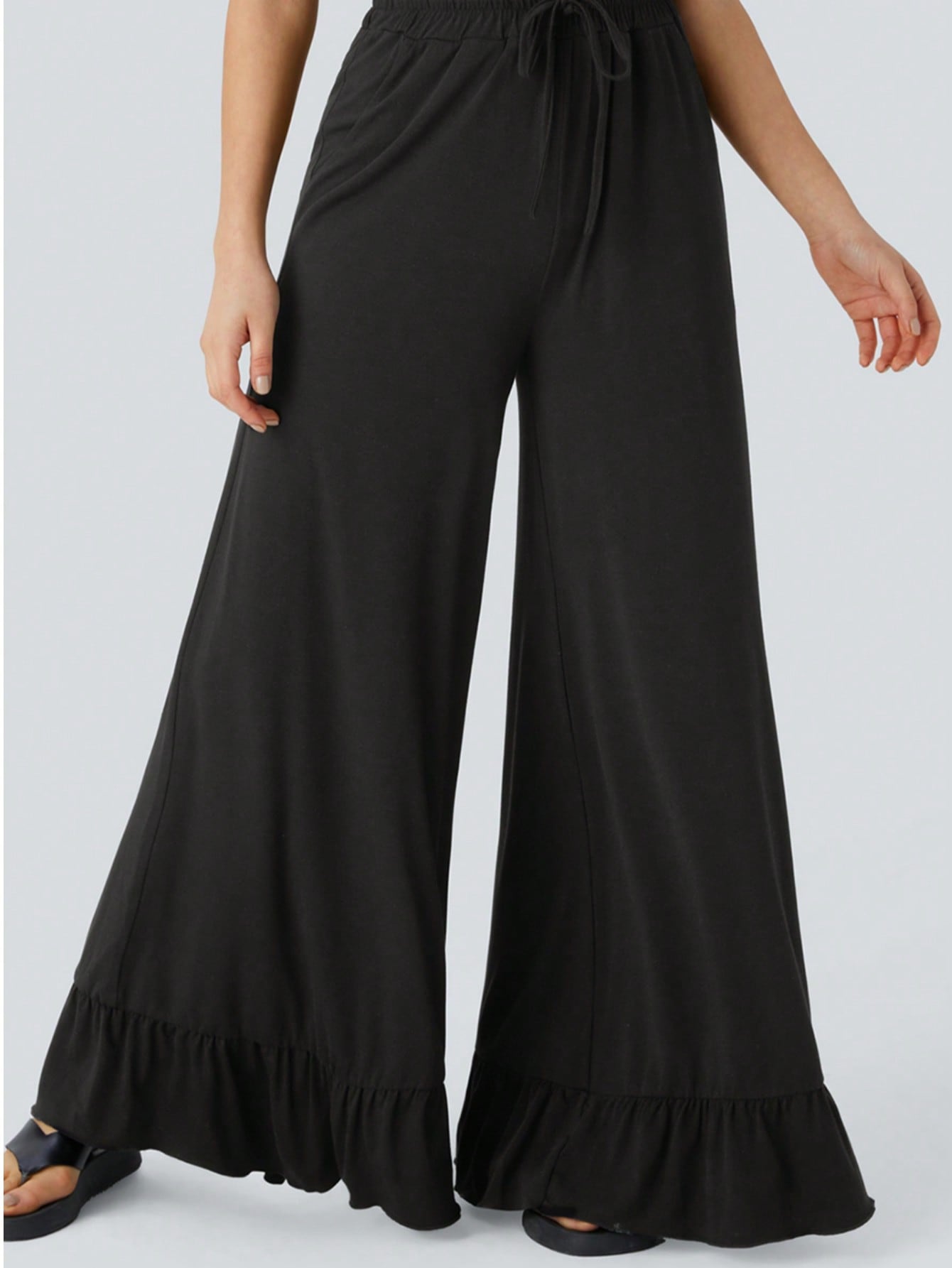 Boho Retro 90's Solid Black  Charcoal Viscose Shape High Waist Flared Leggings Pants