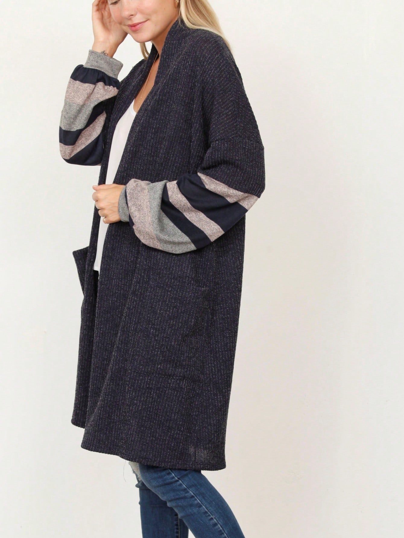 Boho Vintage Stripe Grey Violet Light Weight Three Quarter Sleeve  Knit Slouch Kimono Cardigan