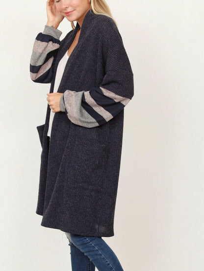 Boho Vintage Stripe Grey Violet Light Weight Three Quarter Sleeve  Knit Slouch Kimono Cardigan