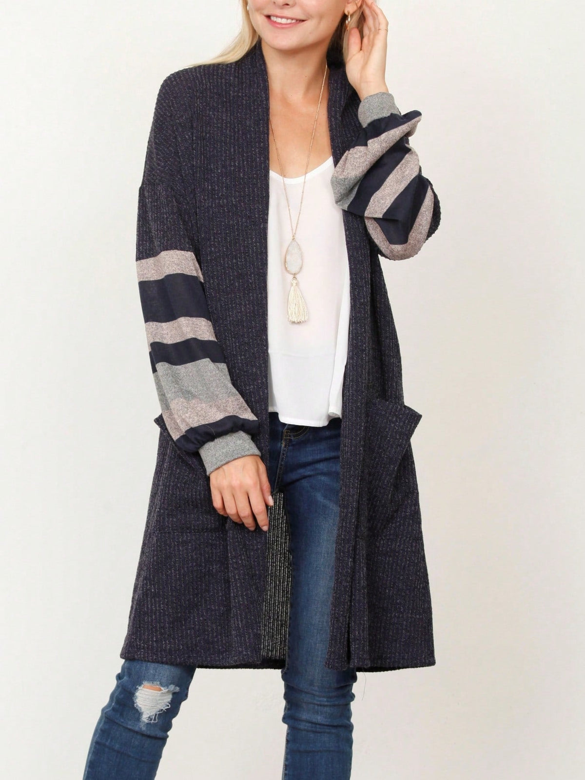 Boho Vintage Stripe Grey Violet Light Weight Three Quarter Sleeve  Knit Slouch Kimono Cardigan