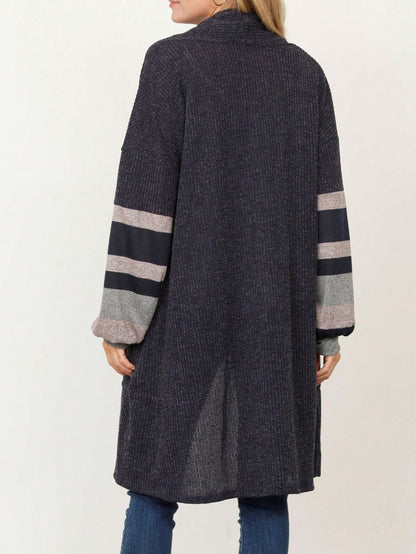 Boho Vintage Stripe Grey Violet Light Weight Three Quarter Sleeve  Knit Slouch Kimono Cardigan