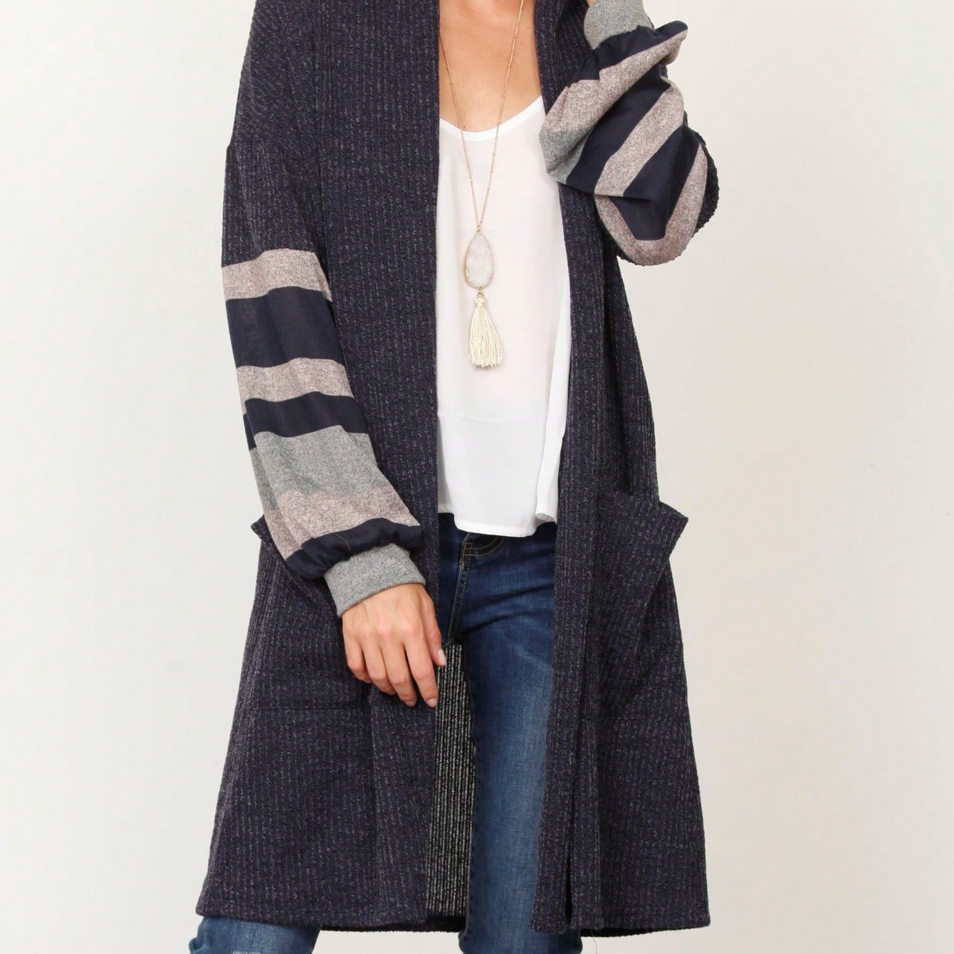 Boho Vintage Stripe Grey Violet Light Weight Three Quarter Sleeve  Knit Slouch Kimono Cardigan