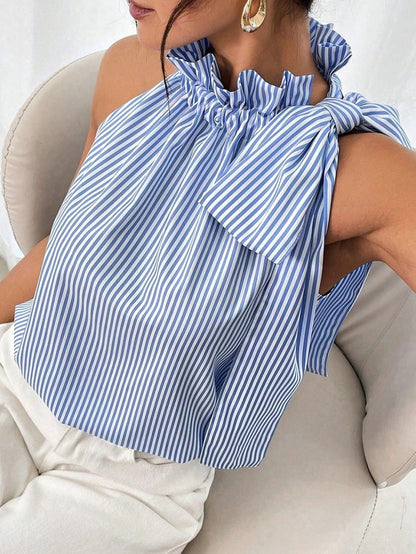 Boho Retro Blue Black Pin Stripe Shirred Scrunched Up Cuff Sleeve Light Weight Overs Sized Button Down Shirt Tunic Blouse