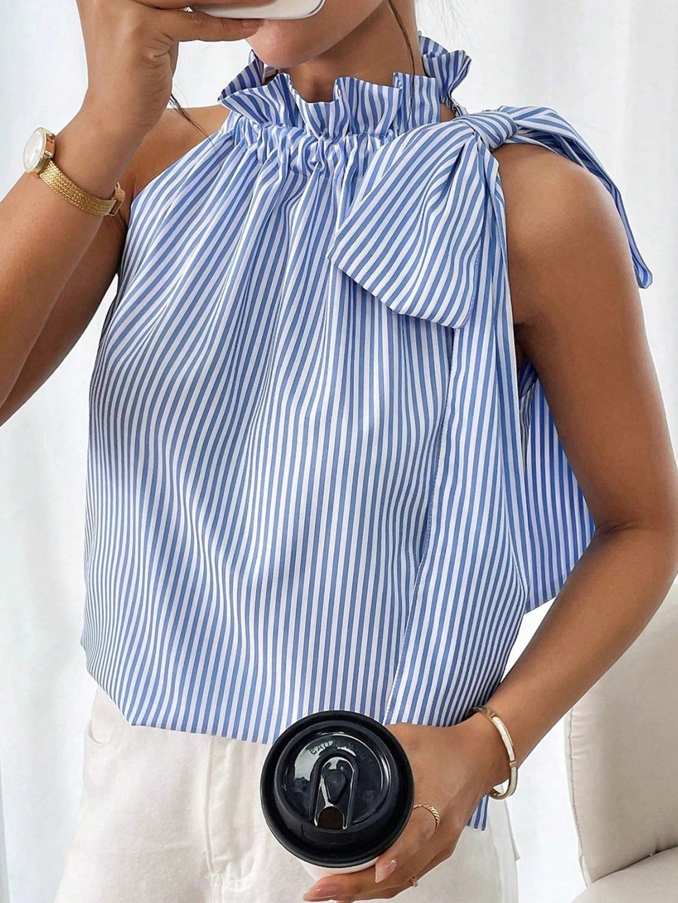 Boho Retro Blue Black Pin Stripe Shirred Scrunched Up Cuff Sleeve Light Weight Overs Sized Button Down Shirt Tunic Blouse