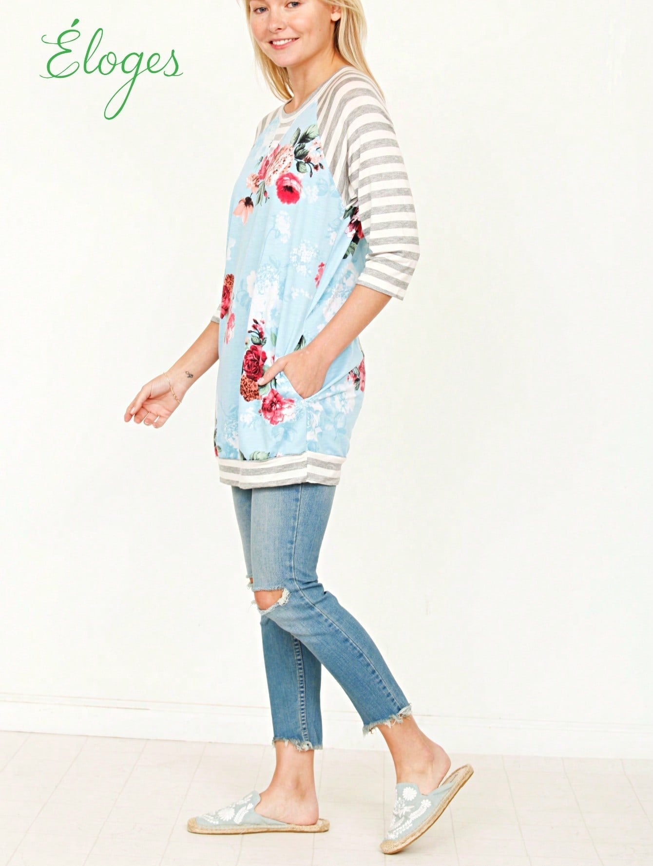 Boho Retro 90's Vintage  Preppy V Stitch  Stripe Knit Contrast Binding Brushed Soft Stripe Raglan Sleeve Tunic Top Pullover