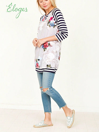 Boho Retro 90's Vintage  Preppy V Stitch  Stripe Knit Contrast Binding Brushed Soft Stripe Raglan Sleeve Tunic Top Pullover