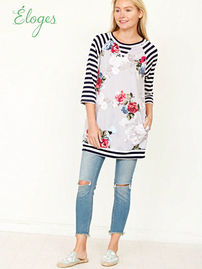 Boho Retro 90's Vintage  Preppy V Stitch  Stripe Knit Contrast Binding Brushed Soft Stripe Raglan Sleeve Tunic Top Pullover