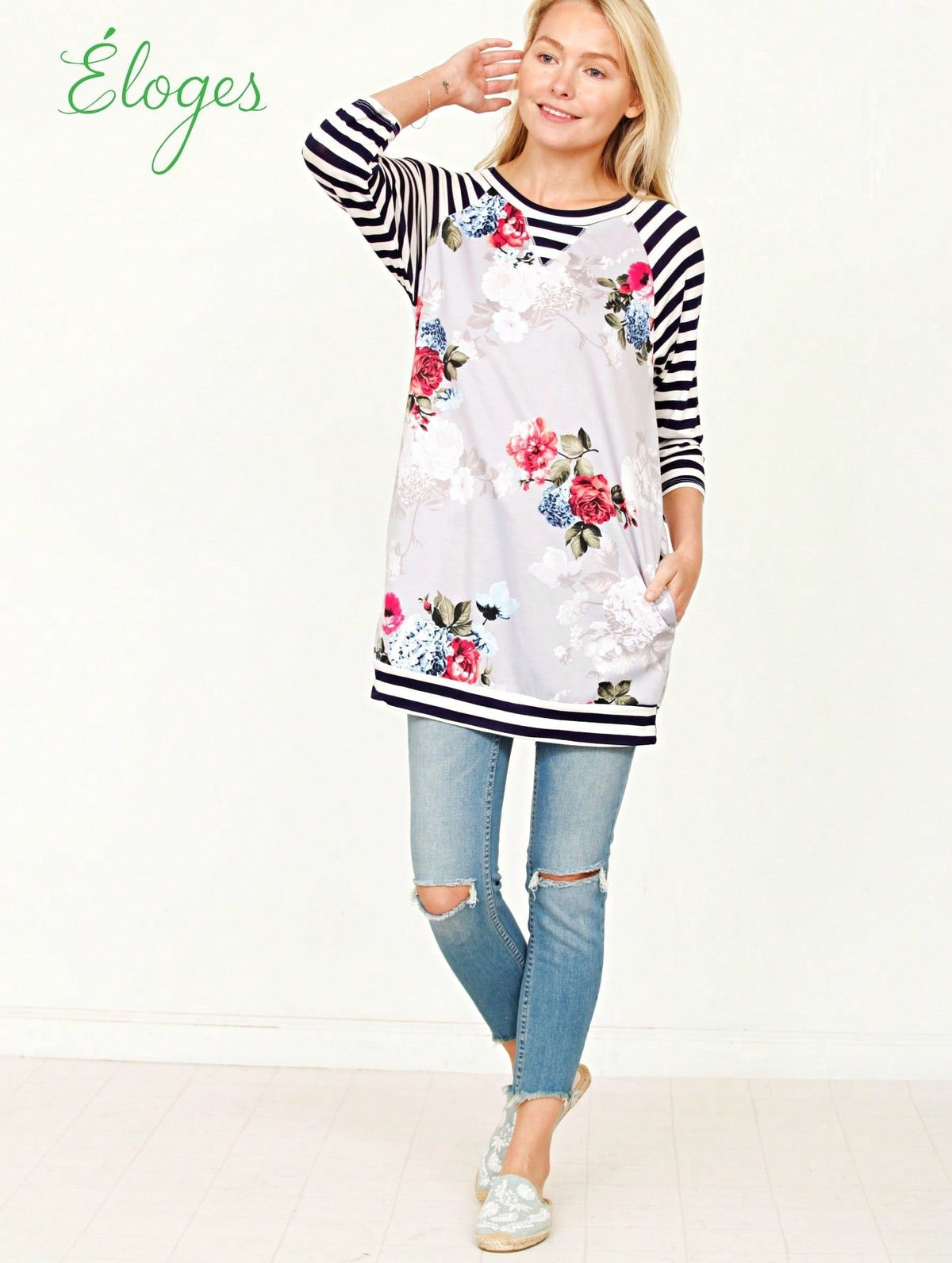 Boho Retro 90's Vintage  Preppy V Stitch  Stripe Knit Contrast Binding Brushed Soft Stripe Raglan Sleeve Tunic Top Pullover