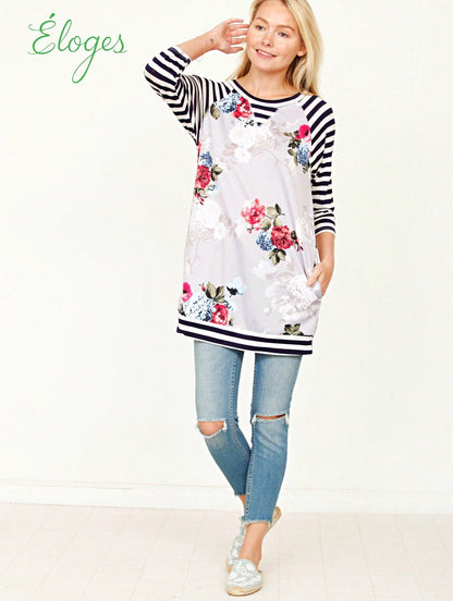 Boho Retro 90's Vintage  Preppy V Stitch  Stripe Knit Contrast Binding Brushed Soft Stripe Raglan Sleeve Tunic Top Pullover