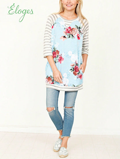 Boho Retro 90's Vintage  Preppy V Stitch  Stripe Knit Contrast Binding Brushed Soft Stripe Raglan Sleeve Tunic Top Pullover