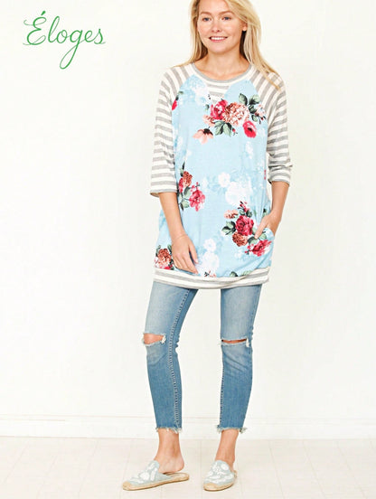 Boho Retro 90's Vintage  Preppy V Stitch  Stripe Knit Contrast Binding Brushed Soft Stripe Raglan Sleeve Tunic Top Pullover
