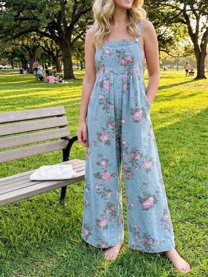 Boho  Button Floral Jean Cotton Denim Overall Romper Jumpsuit