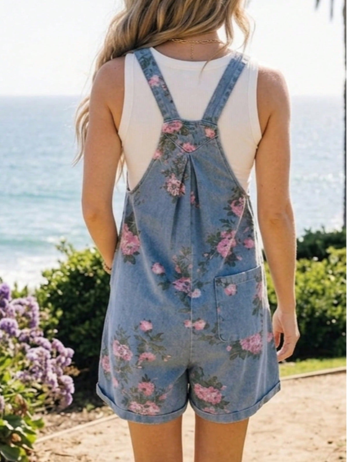 Boho  Button Floral Jean Cotton Denim Overall Romper Jumpsuit