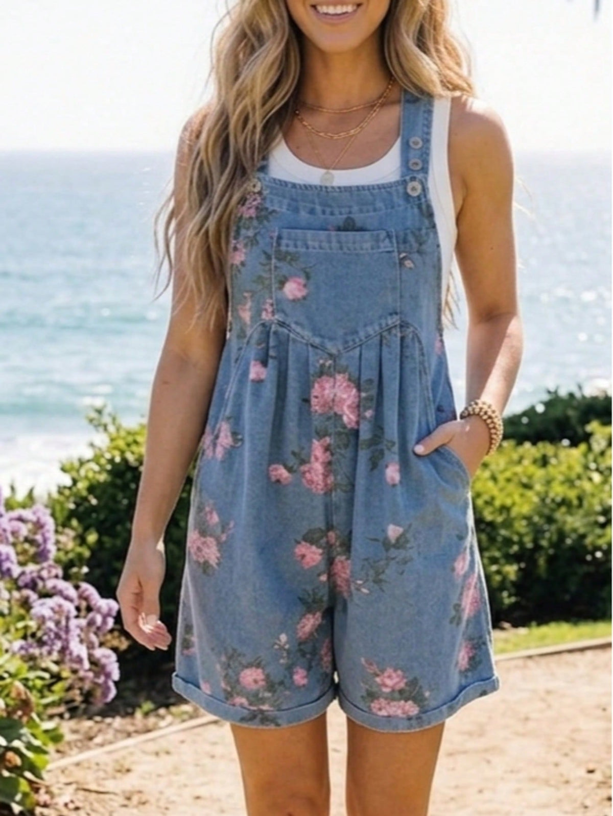 Boho  Button Floral Jean Cotton Denim Overall Romper Jumpsuit