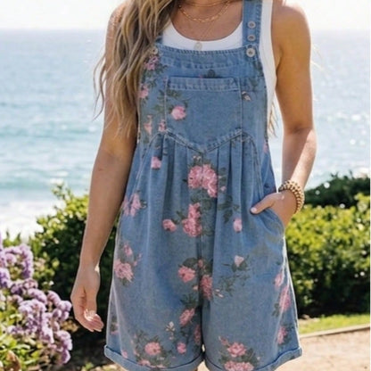 Boho  Button Floral Jean Cotton Denim Overall Romper Jumpsuit