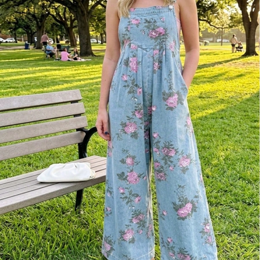 Boho  Button Floral Jean Cotton Denim Overall Romper Jumpsuit