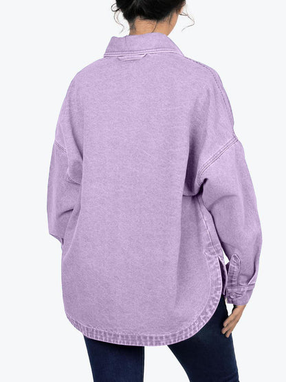 ✨Women's Solid Color Button Front Drop Shoulder Curved Hem Denim Jacket (Final Days: Big Savings!!!)