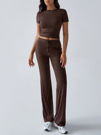 Crew Neck Short Sleeve Top & Full-Length Pants Set – Solid Color, 10 Colors