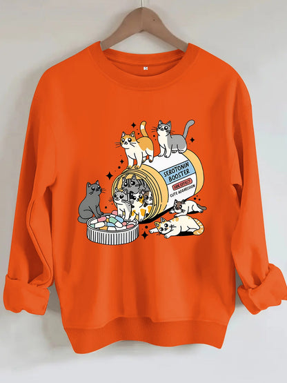 Cartoon cat lover printed round neck long sleeved sweatshirt