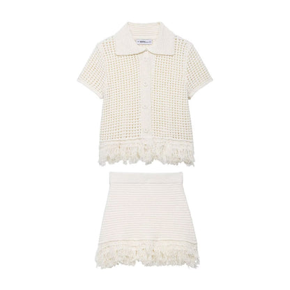 Tassel embellished plaid knitted jacket+half skirt set