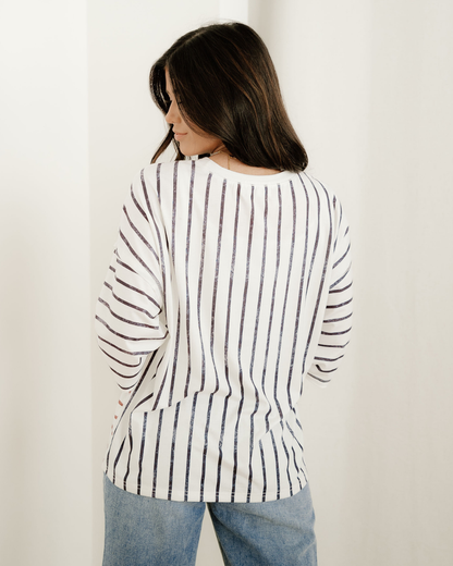 Danna Stripe Colorblock 3/4 Sleeve Loose T Shirt