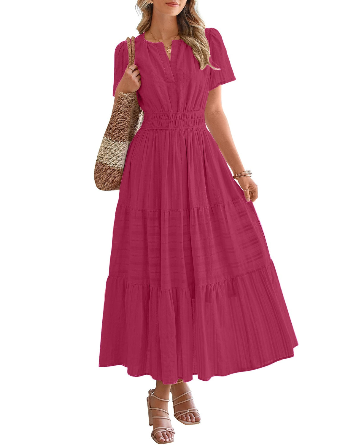 Women's Lightweight Short Sleeve V Neck Elastic Waist Dresses