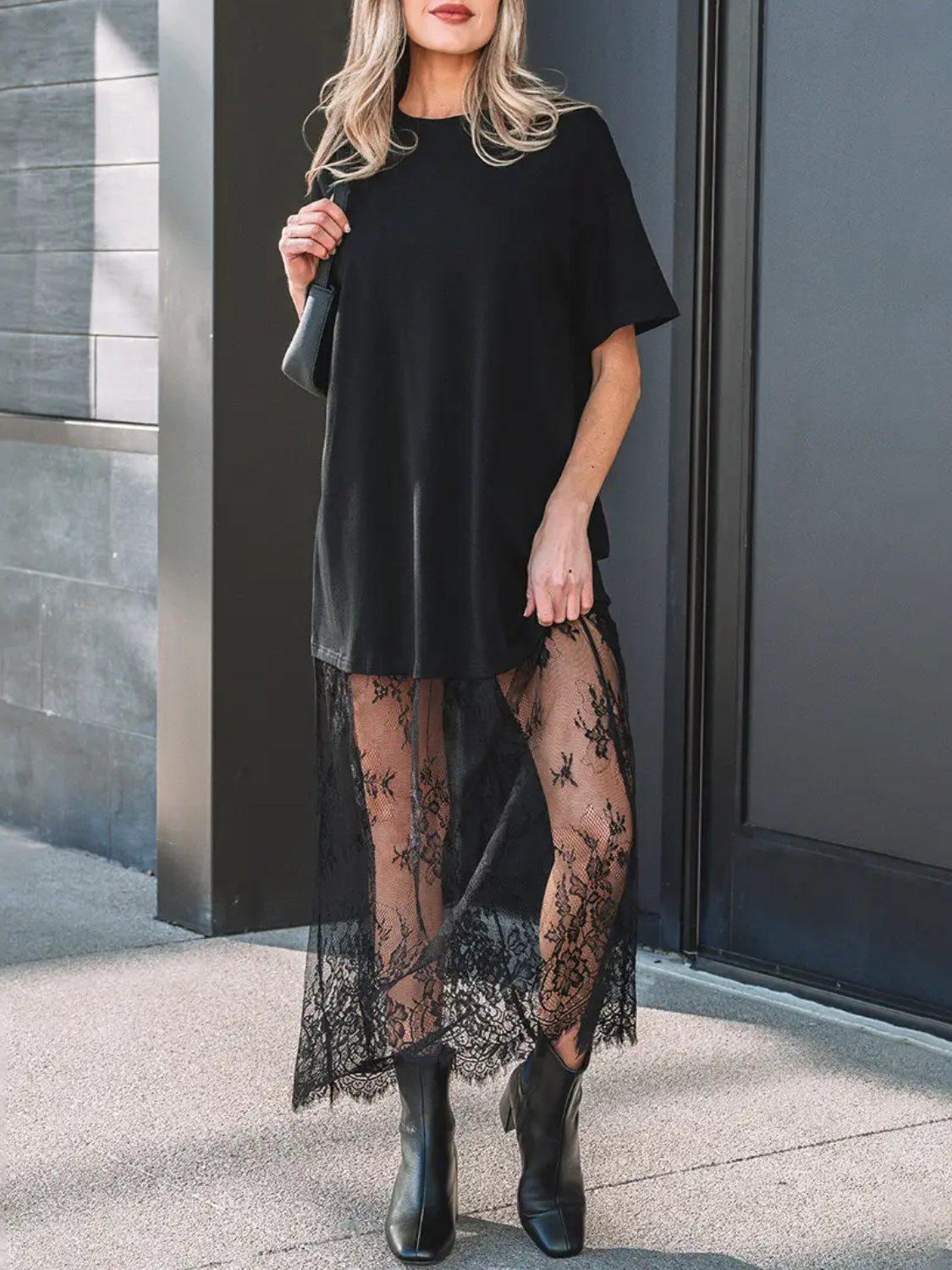 Women's Oversized T-Shirt Maxi Dress with Sheer Lace Hem Drop