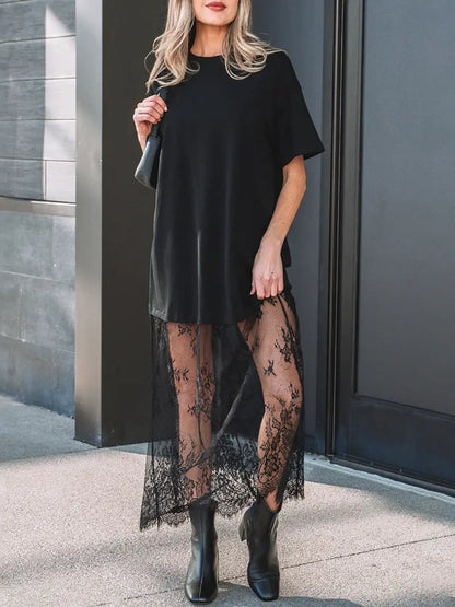 Women's Oversized T-Shirt Maxi Dress with Sheer Lace Hem Drop