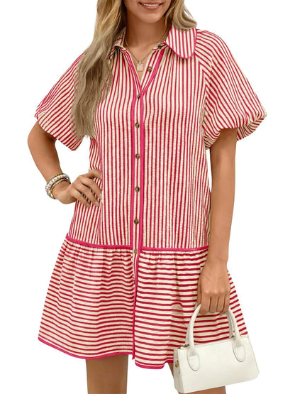 Women's Sweet Striped Lapel Puff Sleeve Midi Dress