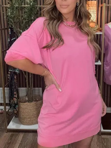 Washed Cotton Crew Neck Casual Mini Dress