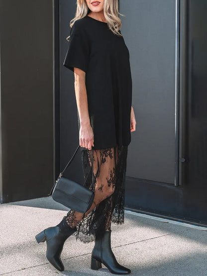 Women's Oversized T-Shirt Maxi Dress with Sheer Lace Hem Drop