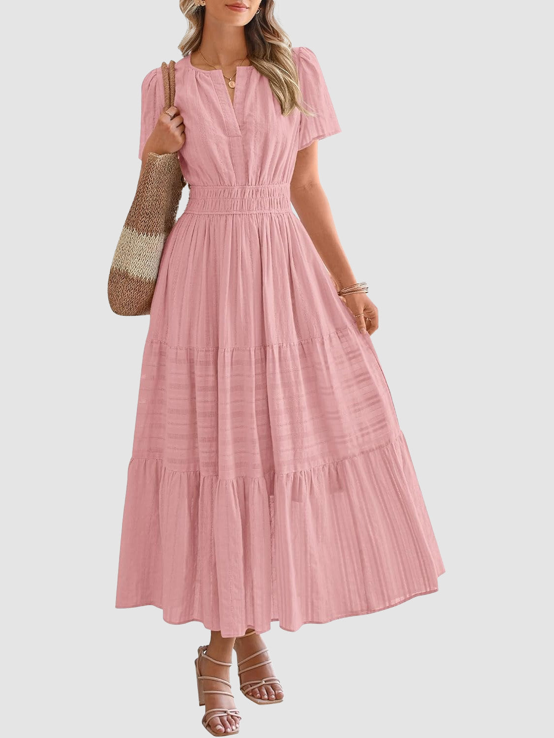 Women's Lightweight Short Sleeve V Neck Elastic Waist Dresses