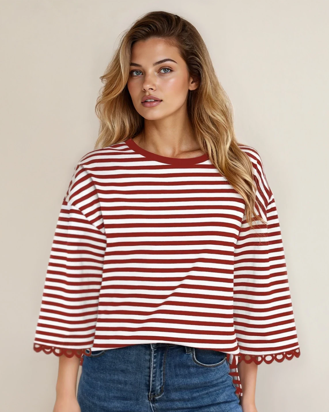 Amira Lace Trim Bell Sleeve Top - Red