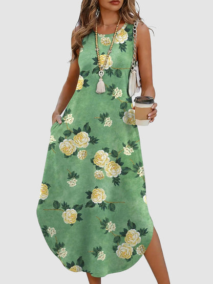 Women's Sleeveless Print Maxi Dress with Pockets