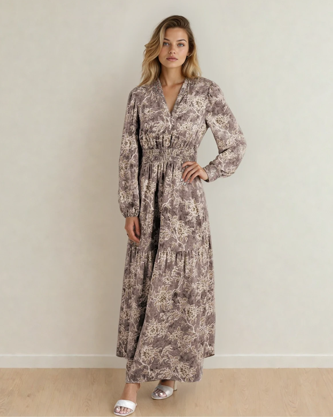 Brianna Floral Print Smocked High Waist Long Sleeve Maxi Dress - Brown